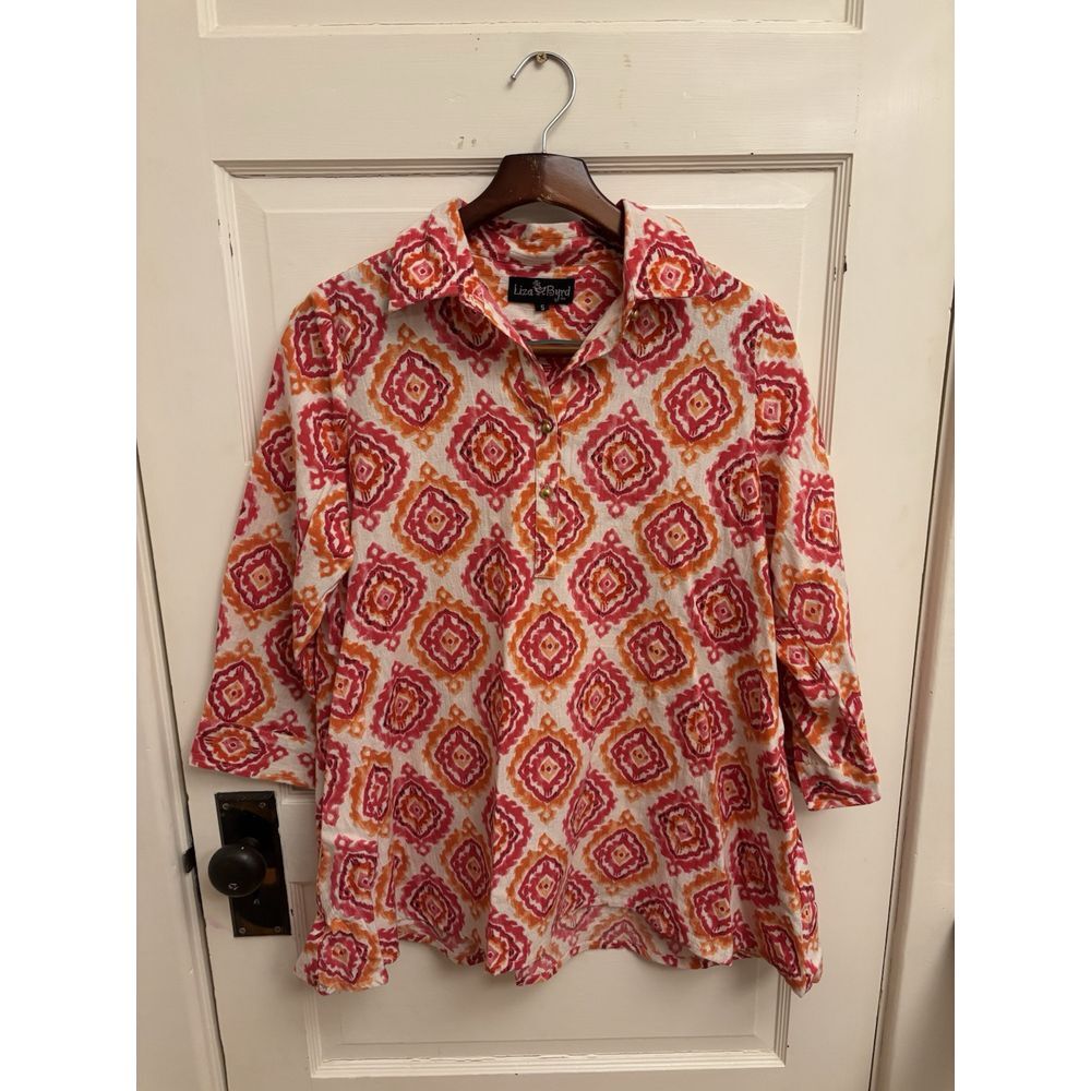 Liza Byrd 100% Cotton Collared Tunic Pink Orange 3/4 Sleeves Size Small